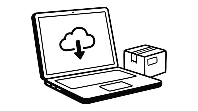 Cloud Download and Delivery: A laptop screen displays a cloud icon with a download arrow, symbolizing data transfer, alongside a shipping box, representing delivery services.