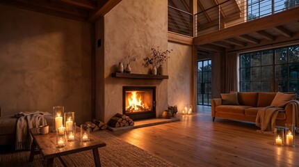 Obraz premium The image shows a cozy loft living room with a fireplace and numerous candles creating a warm ambiance. Concept is perfect for themes of comfort, relaxation, hygge, and interior design. Generative AI.