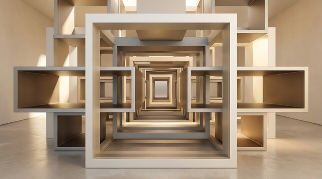 Cubic architectural sculpture creates an infinite hallway illusion 3d rendering
