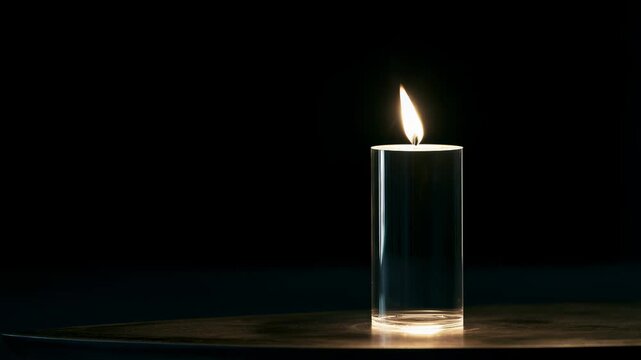 A burning candle stands alone in darkness. A simple Halloween symbol of remembrance, vigil and ritual.