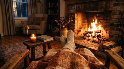 Fototapeta premium A warm living room with a roaring fireplace, armchair, and warm blanket. The concept is comfort, relaxation, and homey ambiance, ideal for advertising and editorial use. Generative AI.