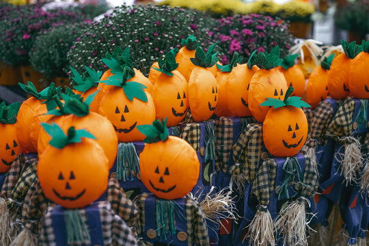 Rows of cute pumpkin scarecrow decorations with smiling jack-o-lantern faces at an autumn market. Festive Halloween and Thanksgiving garden stakes with plaid shirts and straw details, colorful bloomin