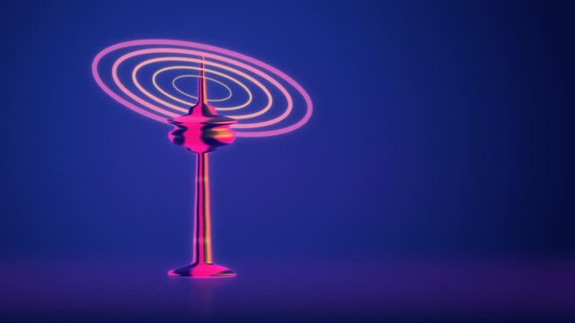Retro television ident with a glowing broadcast tower and expanding pink and gold signal rings on a deep blue background, seamless VHS style loop