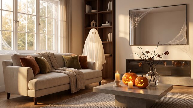 Cozy Modern Living Room with Friendly Ghost and Halloween Decor