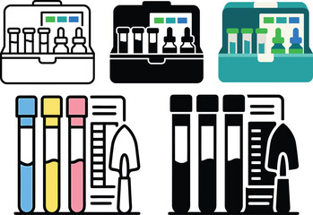 Obraz premium Soil testing kit vector illustration set. Line art, minimalist pictogram, and colorful flat style icons of agricultural dirt analysis tools and ph testing meters.