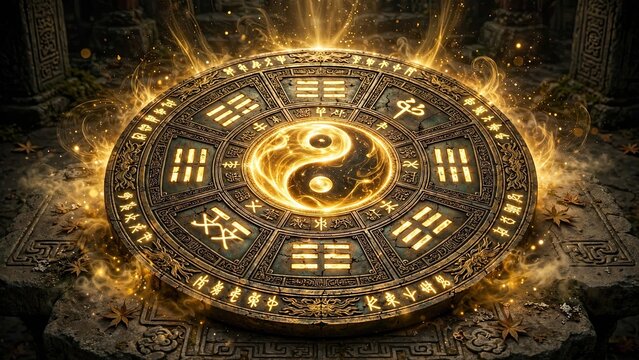 ancient mystical Ancient mystical stone compass with glowing yin yang symbol and trigrams in magical golden light balance harmony lifestyle