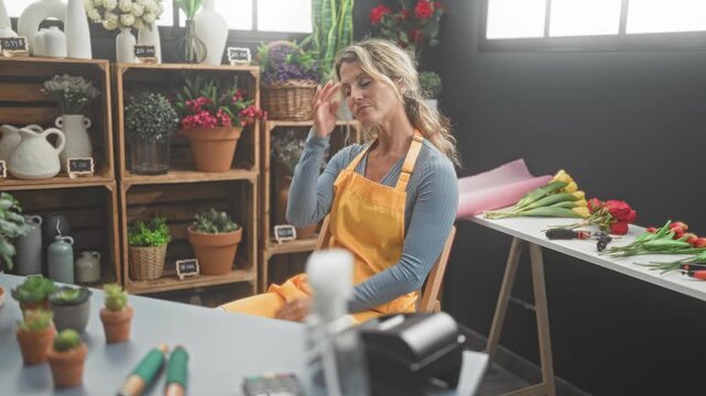 Woman florist in studio touching neck beside tulips and potted succulents; weary reflection thought solitude.