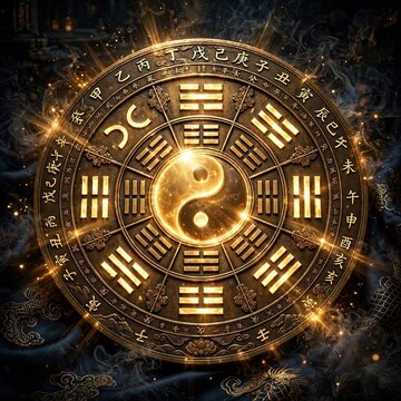 intricate golden Intricate golden Chinese Feng Shui compass with Yin Yang symbol and I Ching trigrams conceptual graphic lifestyle