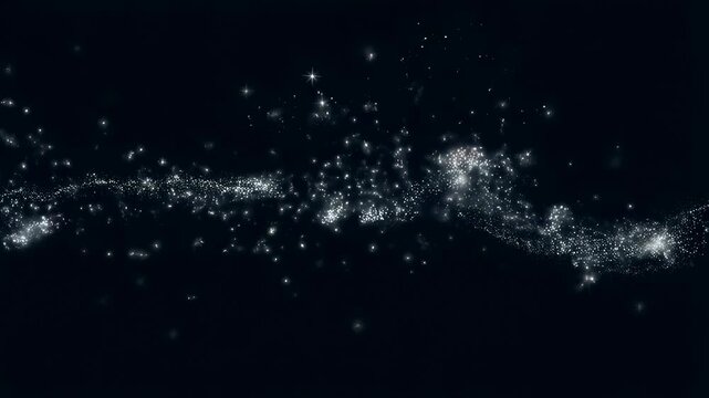 Shimmering particles drift in wave-like clusters across a dark abstract field. Technology title sequence, luxury branding opener, and event graphics.