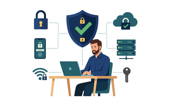 A man working on a laptop surrounded by digital cybersecurity icons and a protective shield concept