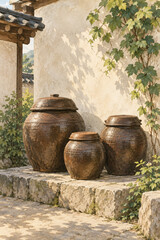 Fototapeta premium Handmade onggi jars in a sunlit Korean courtyard