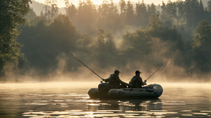 Obraz premium Two fishermen in an inflatable boat fishing on a misty lake at sunrise