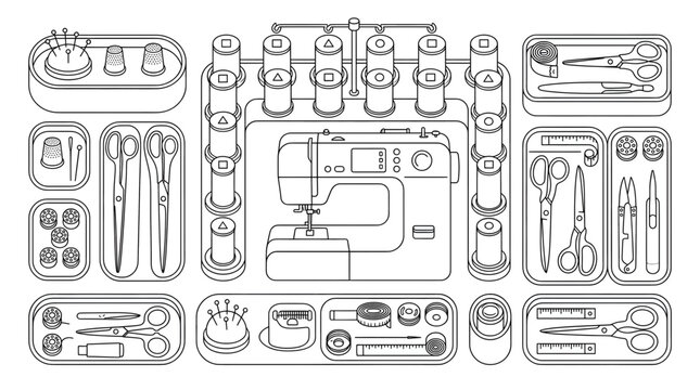 Comprehensive sewing machine accessories and tools illustration.