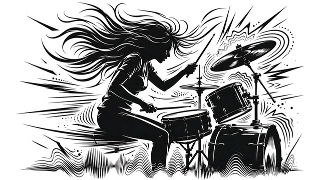Drummer playing with flowing hair white background.