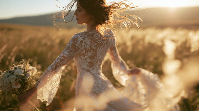 Romantic bride in lace wedding dress holding bouquet in golden field at sunset