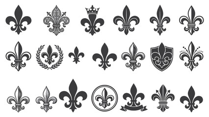 Mixed shade fleur de lis icon set with crown and laurel accents for coat of arms design and formal emblem branding © Abdul