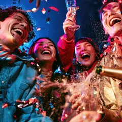 Obraz premium Friends Celebrating New Year with Champagne and Confetti