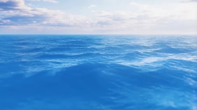 Open ocean waves roll beneath a partly cloudy sky along a distant horizon. Nature documentaries, marine conservation campaigns, and travel promotion.