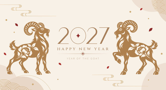 2027 Year of the Goat Chinese New Year Banner with Two Golden Rams