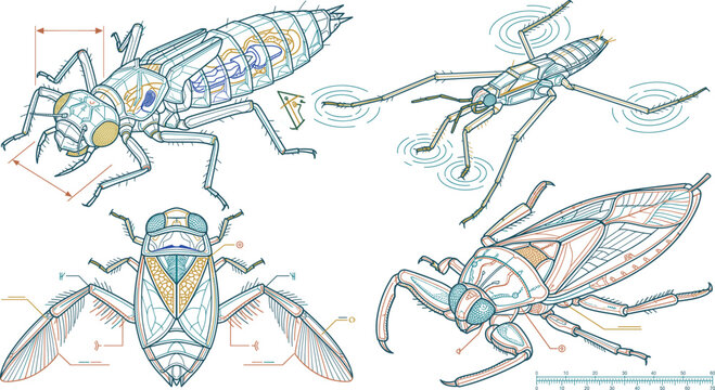 Aquatic Insects Biological Technical Diagram Vector Set with Water Strider and Water Bugs