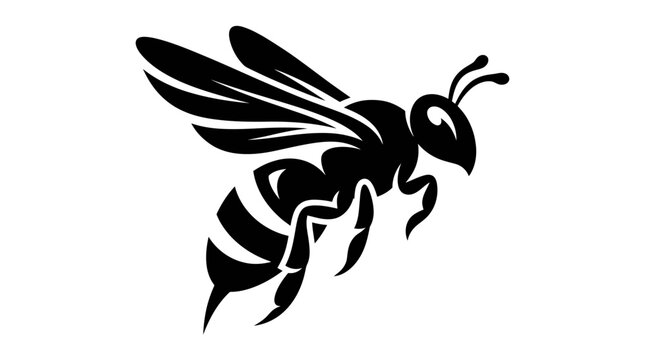 Minimalist black and white graphic illustration of a flying bee icon.