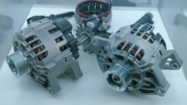 Samples of new alternators for the truck engine are presented at the exhibition. Closeup. Shot in motion
