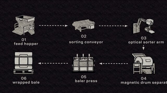 Mixed curbside feedstock enters the hopper, passes optical and magnetic separation, and reaches the baler for strapped output. Flat 3D style with a graphite pencil texture; objects numbered and