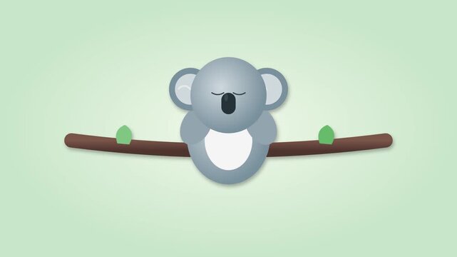 3D-style koala icon sleeping on eucalyptus branch with blinking eyes and swaying motion on soft green background