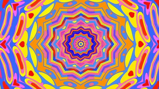 Colorful kaleidoscope pattern continuously transforms across a symmetrical abstract digital field. Event projection, creative title, and digital display.
