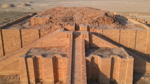 Aerial drone orbit around ancient Great Ziggurat of Ur, Iraq