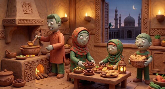 3D claymation style illustration of a happy Muslim family preparing Iftar dinner. Parents and children cook and set traditional food in a warm kitchen with a mosque view at sunset.
