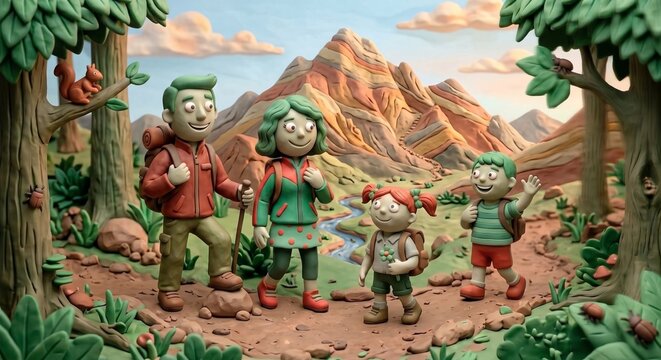 3D claymation style illustration of a family hiking on a mountain trail. Parents and two children walk through a scenic green forest, enjoying a fun outdoor nature adventure together.