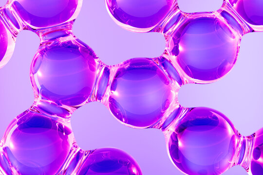 Abstract purple and pink glossy liquid shapes with transparent molecular forms. Futuristic 3D background for biotechnology, skincare, cosmetics, medicine, science and advanced technology concepts.