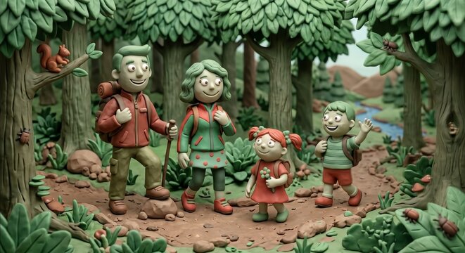 3D claymation style illustration of a happy family hiking through a green forest. Parents and two children walk along a woodland trail with backpacks, enjoying an outdoor nature adventure.
