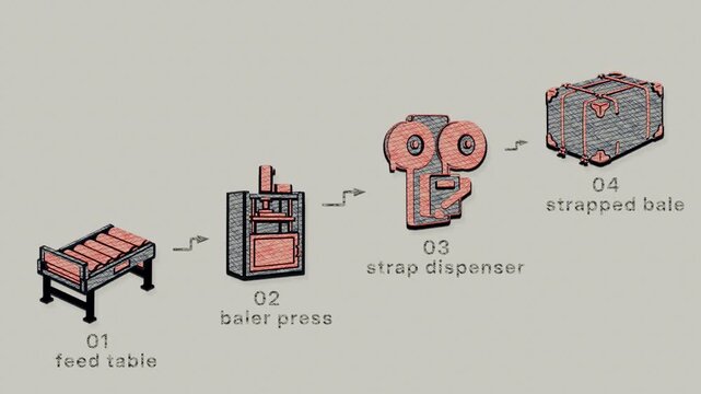 Sorted material enters a baler for compression, strapping, palletizing, and warehouse shipment. Flat 3D style with a coloured pencil texture; objects numbered and labelled in English.