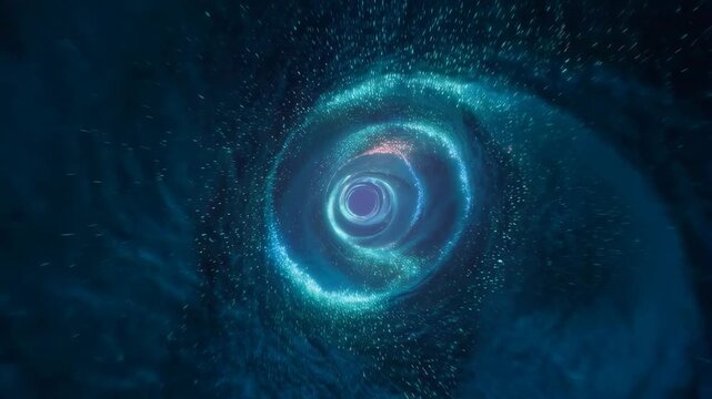 Blue particles swirl through a glowing violet vortex in abstract digital space. Technology presentations, science media, and title sequences.