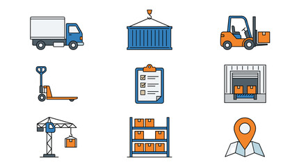 Obraz premium Set of flat design logistics and delivery icons including truck, forklift, crane, shipping container, and warehouse.
