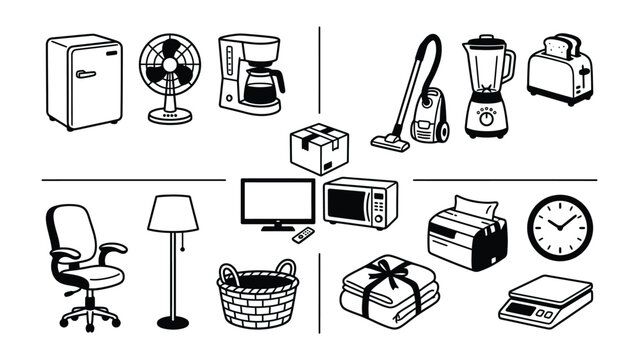Home Appliances and Office Equipment Collection: A collection of illustrations featuring various household appliances and office equipment, neatly organized into four quadrants.