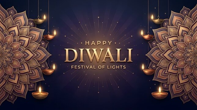 Elegant diwali greeting card design with glowing oil lamps and mandalas