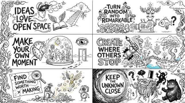 Set of six detailed black and white line featuring creative concepts, monsters, and motivational phrases