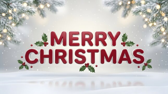 Merry christmas text with festive pine branches and glowing fairy lights