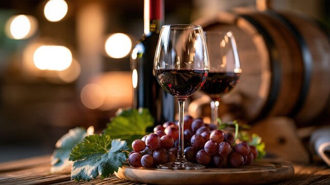Red Wine Grapes Barrel Still Life, Wine Cuisine