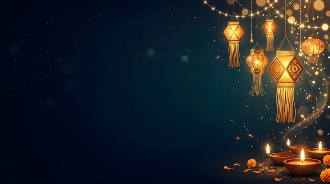 Beautiful diwali background with hanging lanterns and glowing oil lamps diya