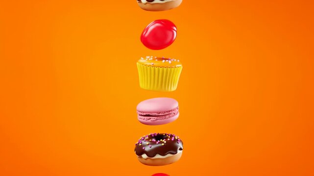 Colorful cupcakes, macarons, glazed donuts and candy suspended in centered vertical column against vibrant orange background, with glossy highlights and bright sprinkles