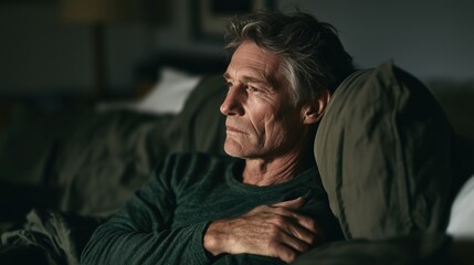 Fototapeta premium Thoughtful middle-aged man lying in bed at night looking away with a pensive and concerned expression.