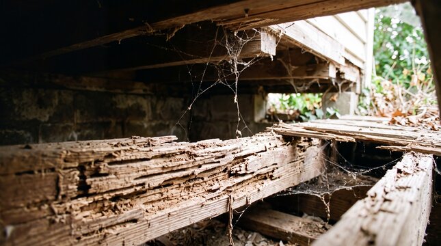 Rotted wooden beam with severe termite infestation tunnels and spiderweb in house crawlspace, representing pest inspection, structural restoration and timely damage control
