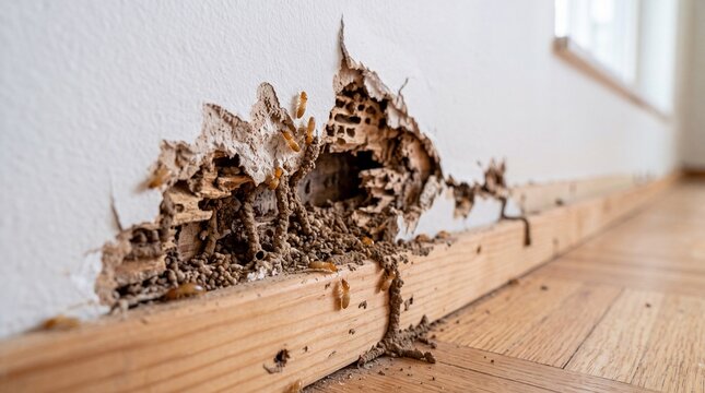 Termite infestation damaging wooden baseboard and wall drywall with mud tubes, representing home inspection, pest control extermination and structural hazard remediation.