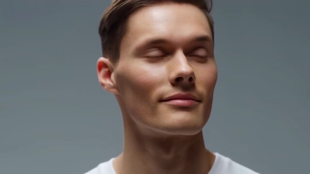 Adult man shifts his gaze from camera toward the side and subtly turns his head in a close studio portrait, blinking against a smooth gray background under soft even light