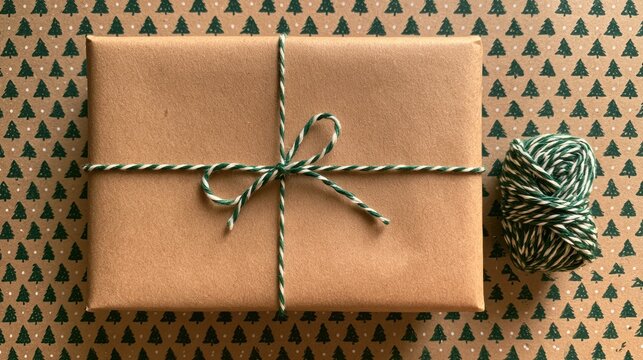 Wrapped rectangular gift box with green and white twine bow on patterned paper background with celebration