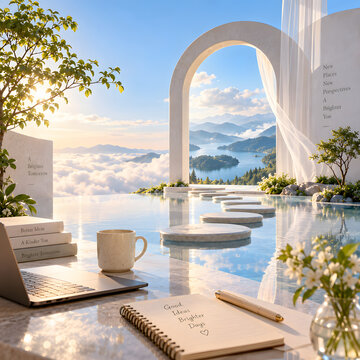 Surreal Remote Workspace with Gateway to Nature